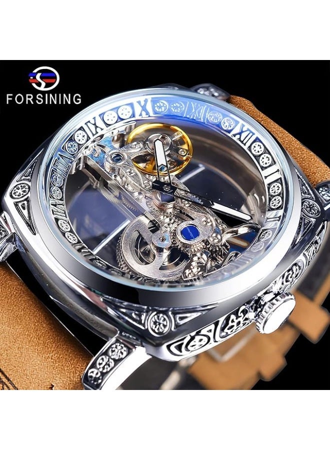 FORSINING Men's Luxury Square Carving Mechanical Watch, Retro Totem Double Sided Hollow Skeleton Self-Wind Automatic Watches, Vintage Leather Strap Wristwatch Reloj para Hombre - Image 3